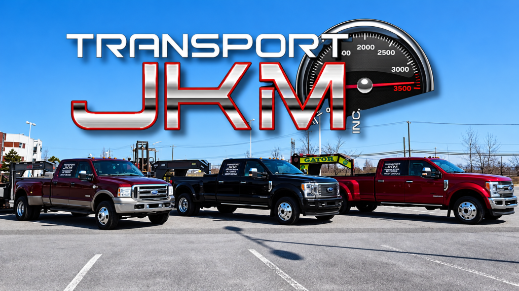 Transport JKM's three trucks in front of the company logo.
