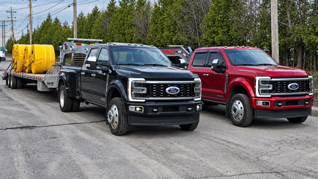 Camions noir et rouge de Transport JKM